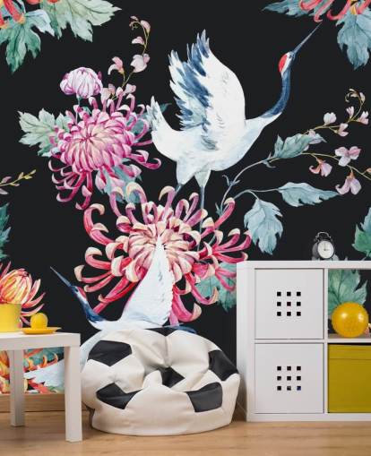 white japanese cranes and dark floral wallpaper