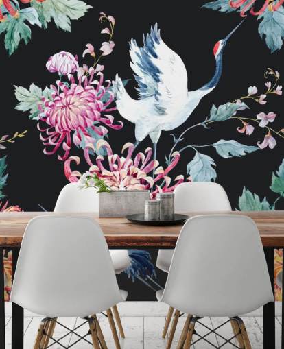 white japanese cranes and dark floral wallpaper