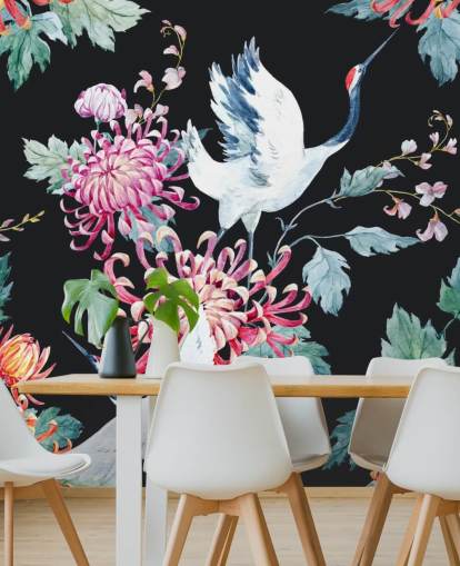 white japanese cranes and dark floral wallpaper