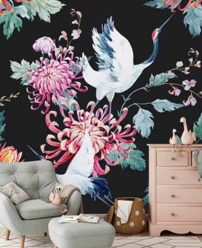 grullas japonesas blancas y papel pintado floral oscuro grullas japonesas blancas y papel pintado floral oscuro