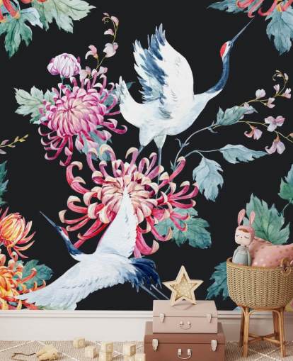 white japanese cranes and dark floral wallpaper white japanese cranes and dark floral wallpaper