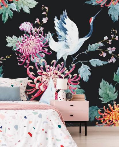 white japanese cranes and dark floral wallpaper