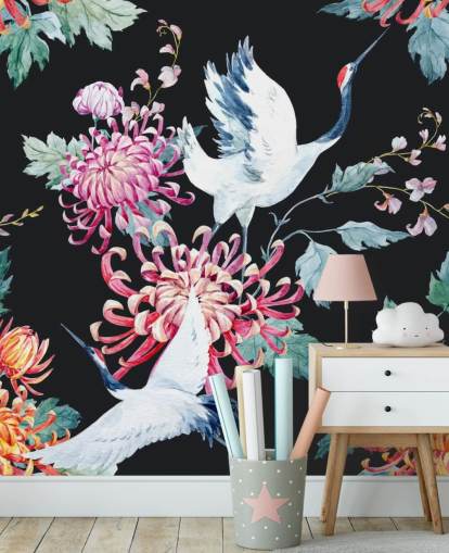 white japanese cranes and dark floral wallpaper