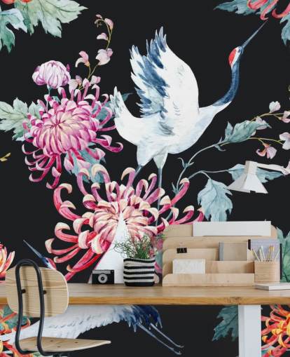 white japanese cranes and dark floral wallpaper
