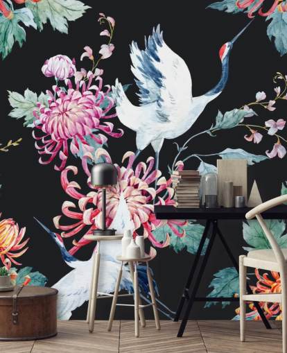 white japanese cranes and dark floral wallpaper white japanese cranes and dark floral wallpaper