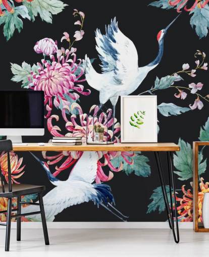 grullas japonesas blancas y papel pintado floral oscuro grullas japonesas blancas y papel pintado floral oscuro