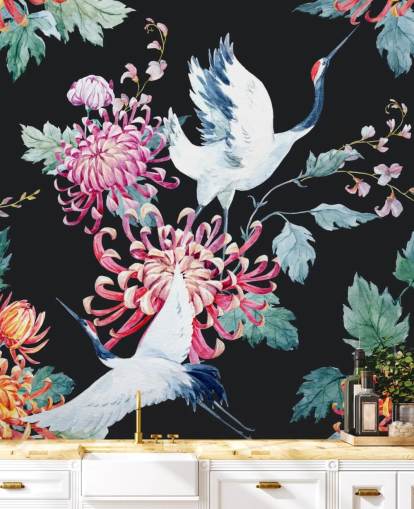 white japanese cranes and dark floral wallpaper