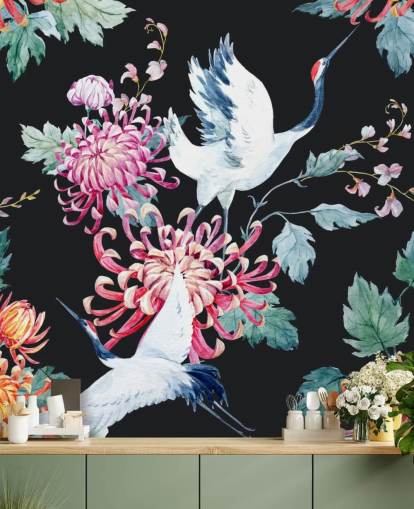white japanese cranes and dark floral wallpaper