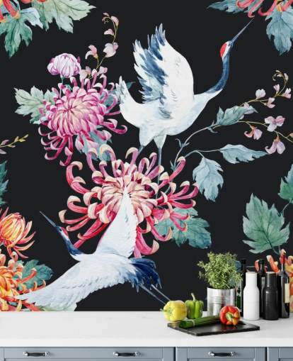 white japanese cranes and dark floral wallpaper