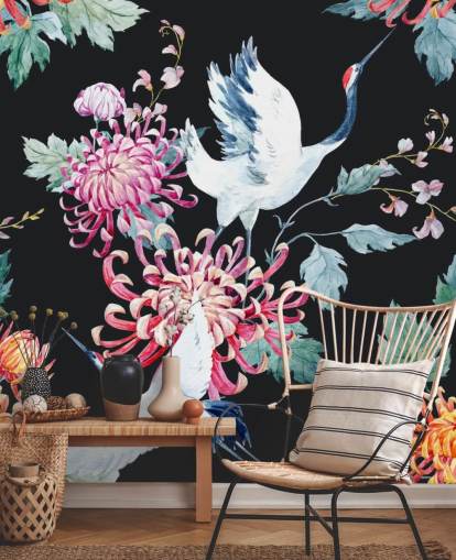 white japanese cranes and dark floral wallpaper