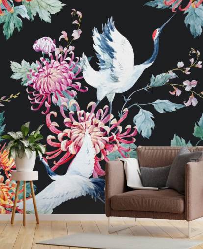 white japanese cranes and dark floral wallpaper