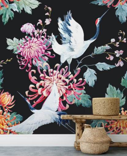 white japanese cranes and dark floral wallpaper