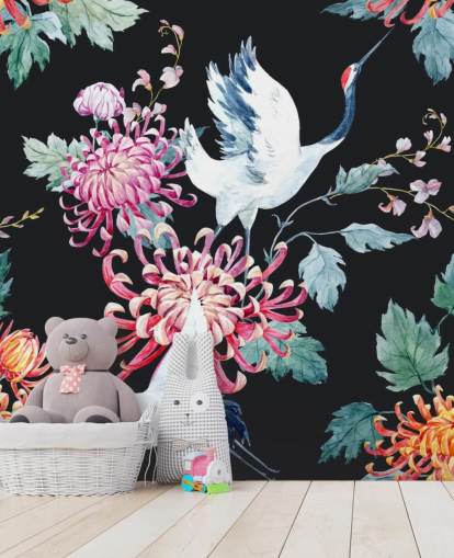 white japanese cranes and dark floral wallpaper