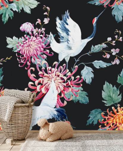 white japanese cranes and dark floral wallpaper