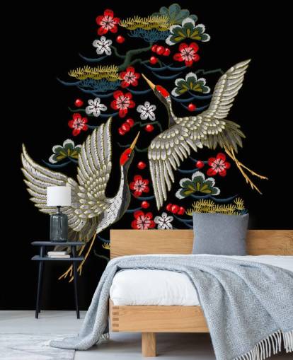 embroidered pair of cranes and flowers on black background wallpaper