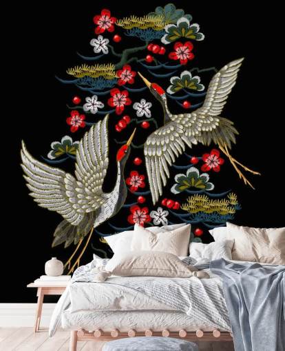 embroidered pair of cranes and flowers on black background wallpaper embroidered pair of cranes and flowers on black background wallpaper