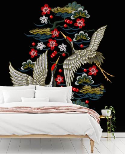 embroidered pair of cranes and flowers on black background wallpaper