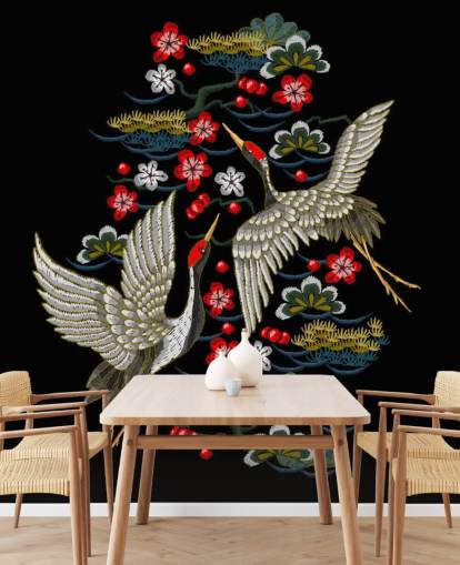 embroidered pair of cranes and flowers on black background wallpaper embroidered pair of cranes and flowers on black background wallpaper