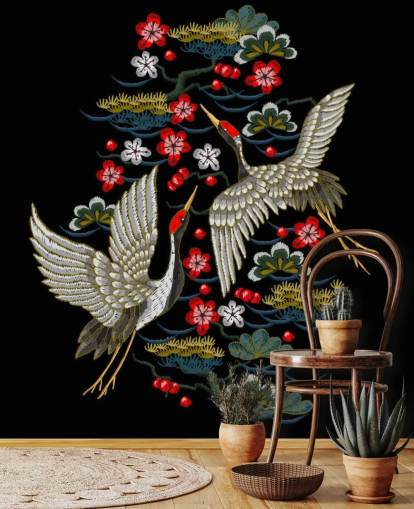 embroidered pair of cranes and flowers on black background wallpaper