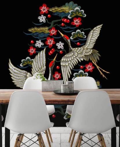 geborduurd paar kranen en bloemen op zwart achtergrondbehang geborduurd paar kranen en bloemen op zwart achtergrondbehang