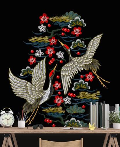 paire brodée de grues et de fleurs sur fond noir papier peint paire brodée de grues et de fleurs sur fond noir papier peint