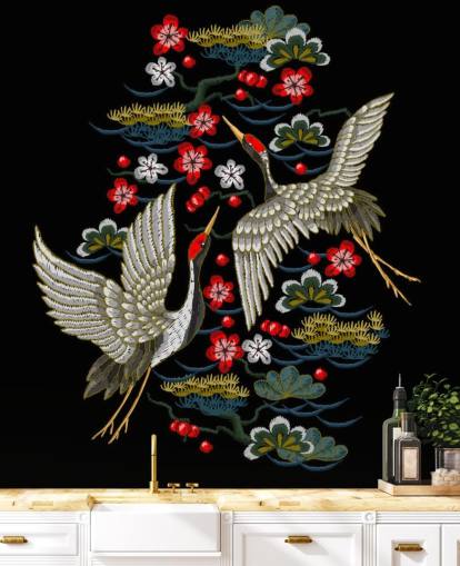 embroidered pair of cranes and flowers on black background wallpaper