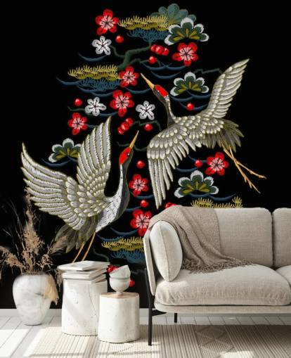 geborduurd paar kranen en bloemen op zwart achtergrondbehang geborduurd paar kranen en bloemen op zwart achtergrondbehang