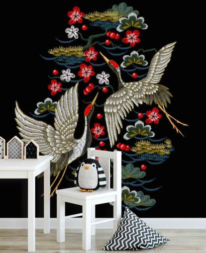 embroidered pair of cranes and flowers on black background wallpaper embroidered pair of cranes and flowers on black background wallpaper