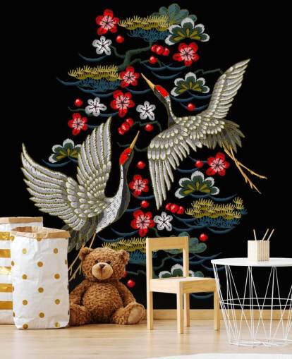 embroidered pair of cranes and flowers on black background wallpaper