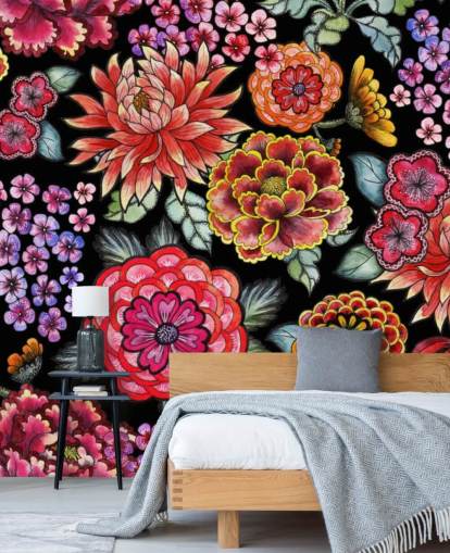 bright colourful flowers on black background bright colourful flowers on black background