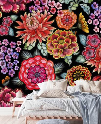 bright colourful flowers on black background