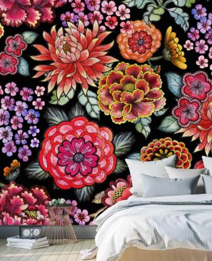 bright colourful flowers on black background