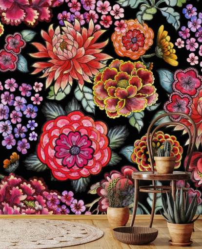 bright colourful flowers on black background