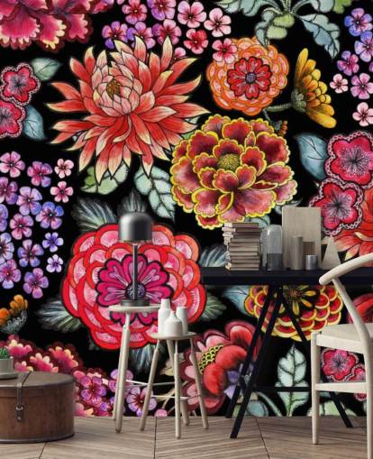 heldere kleurrijke bloemen op zwarte achtergrond