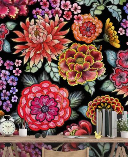 bright colourful flowers on black background