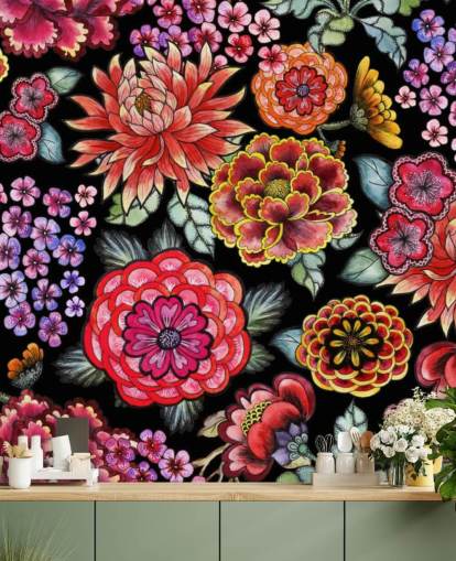 bright colourful flowers on black background