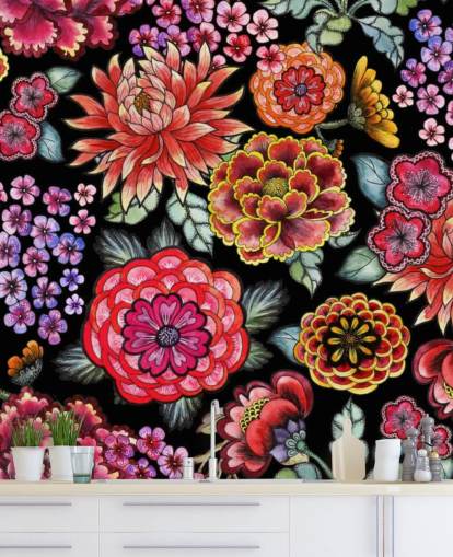 bright colourful flowers on black background