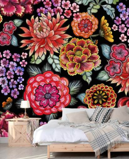 fleurs colorées vives sur fond noir