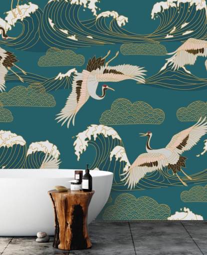 pink and white cranes with teal green ocean background wallpaper