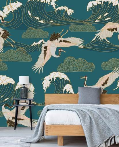 rosa und weiße Kraniche mit blaugrün grünen Ozean Hintergrundtapete