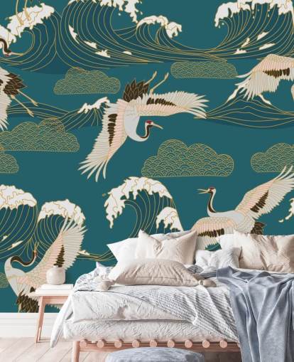 pink and white cranes with teal green ocean background wallpaper