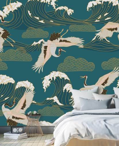 pink and white cranes with teal green ocean background wallpaper