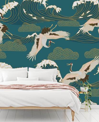 pink and white cranes with teal green ocean background wallpaper