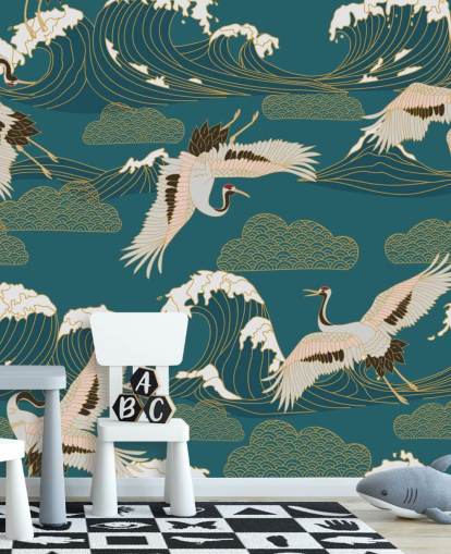 pink and white cranes with teal green ocean background wallpaper