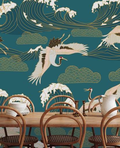 pink and white cranes with teal green ocean background wallpaper