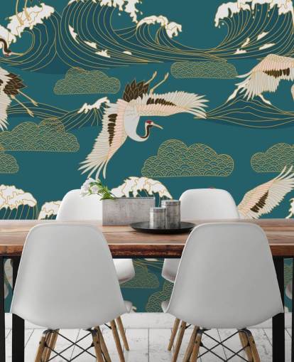 pink and white cranes with teal green ocean background wallpaper