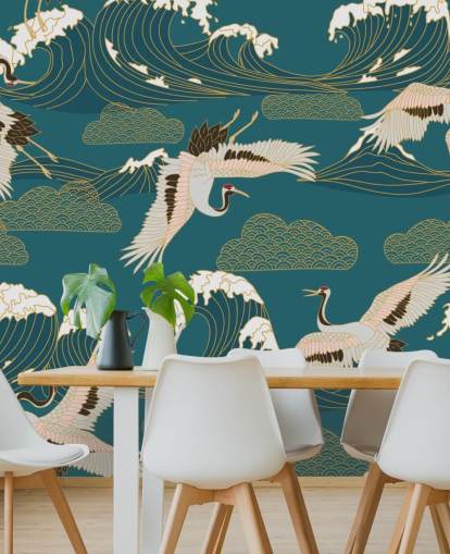 pink and white cranes with teal green ocean background wallpaper