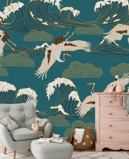 pink and white cranes with teal green ocean background wallpaper