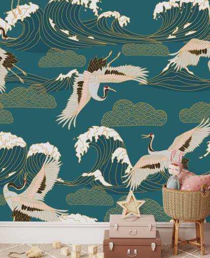 pink and white cranes with teal green ocean background wallpaper