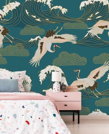 pink and white cranes with teal green ocean background wallpaper